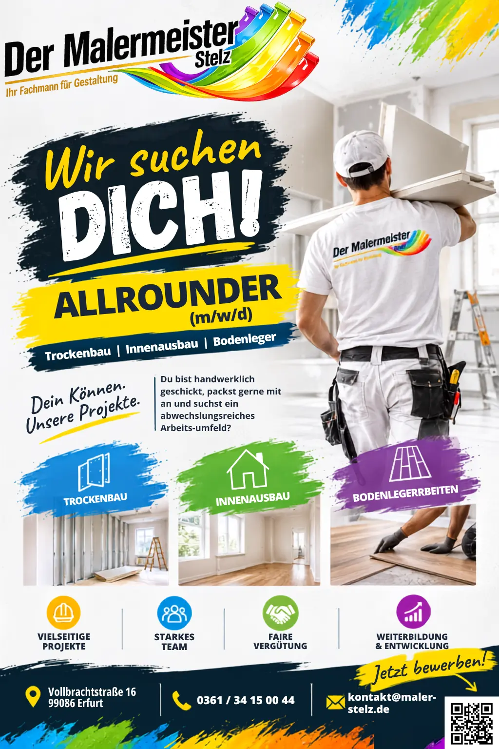 Stellenanzeige der Malermeister Stelz GmbH: Wir suchen dich, Allrounder (m/w/d) für Trockenbau, Innenausbau und Bodenlegerarbeiten in Erfurt
